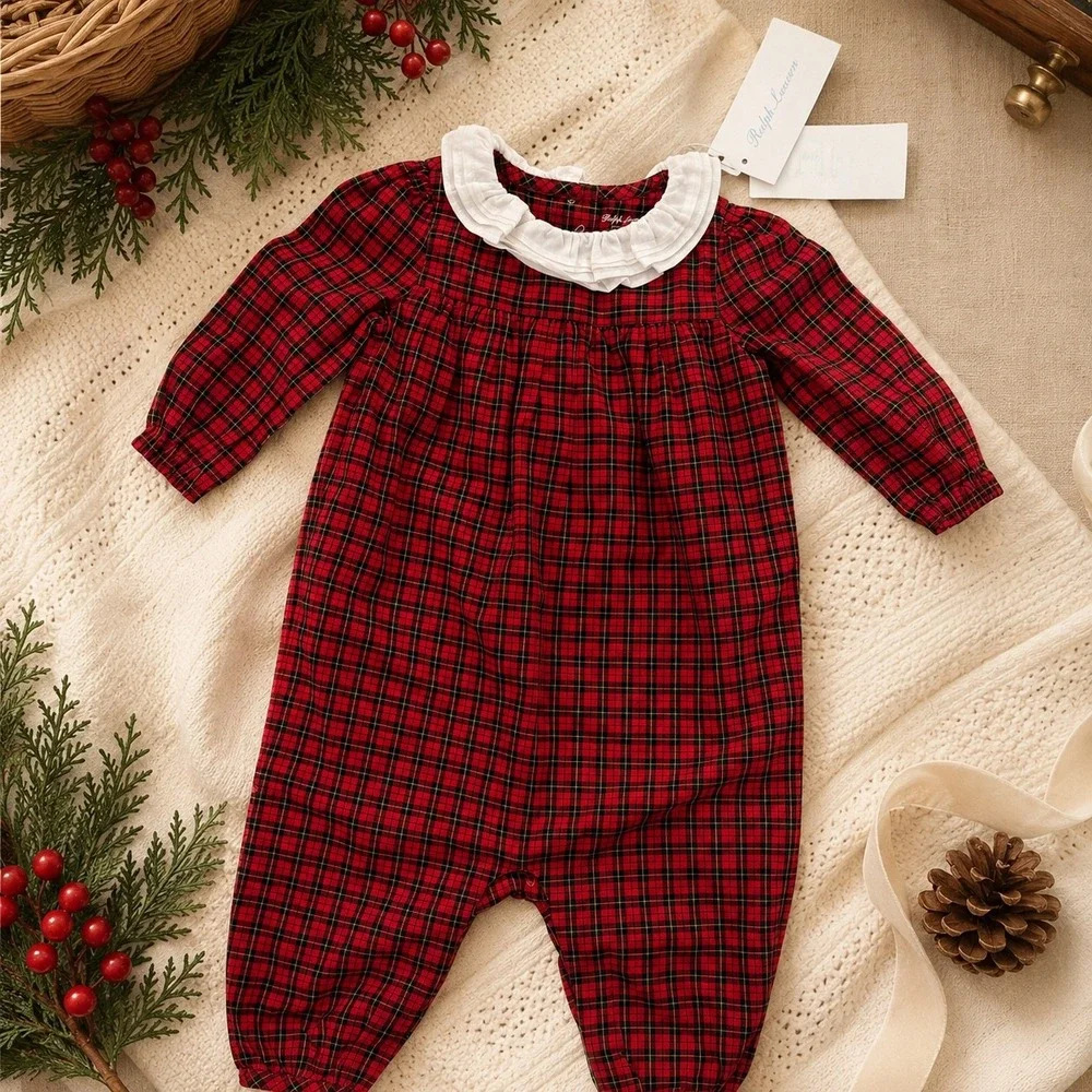 NWT Ralph Lauren Baby Girl Tartan Plaid Holiday Romper Ruffle Christmas Sz 6M